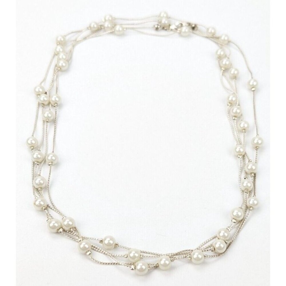 Flapper Length Faux Pearl Silver Tone Chain Station Necklace 72" Long